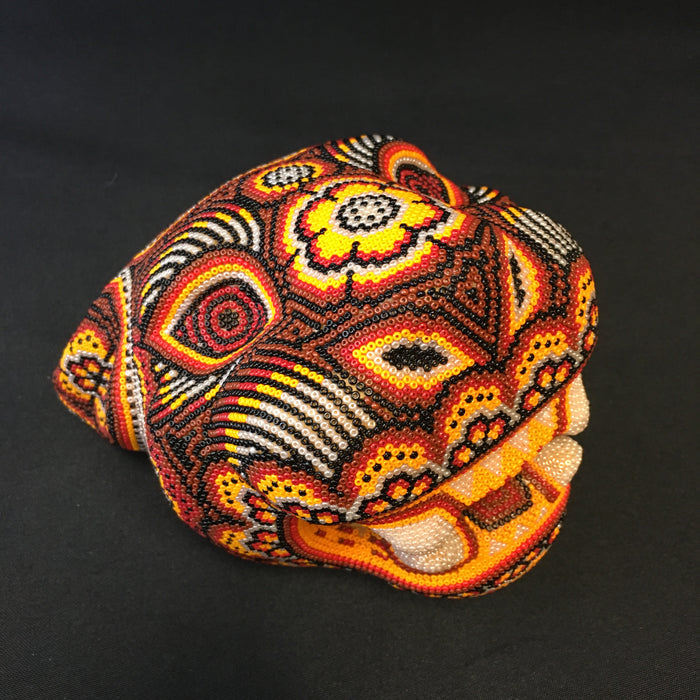 Flaming Jaguar Beaded Huichol Carving, by Morelia Lopez