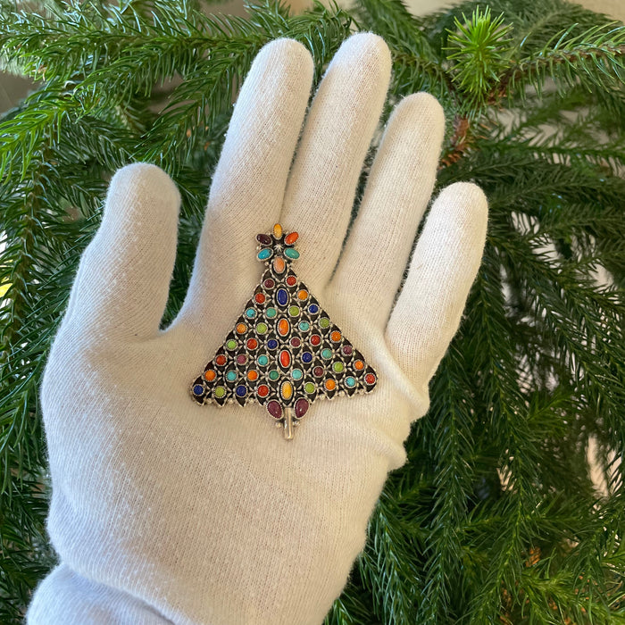 Precious Stones and Sterling Silver Christmas Tree Pin, by Dee Nez