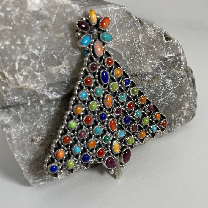 Precious Stones and Sterling Silver Christmas Tree Pin, by Dee Nez