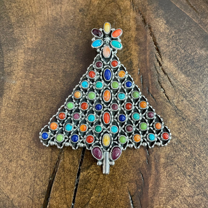 Precious Stones and Sterling Silver Christmas Tree Pin, by Dee Nez