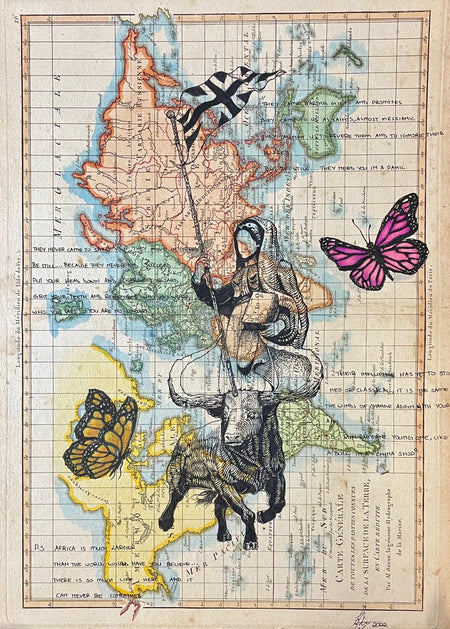 Antique Map art at Raven Makes Gallery Homelands Collection, Indigenous narrative ledger art on maps