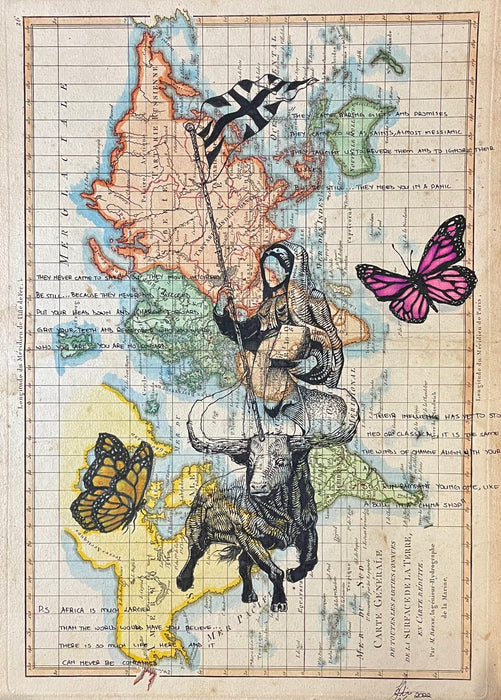 Antique Map art at Raven Makes Gallery Homelands Collection, Indigenous narrative ledger art on maps