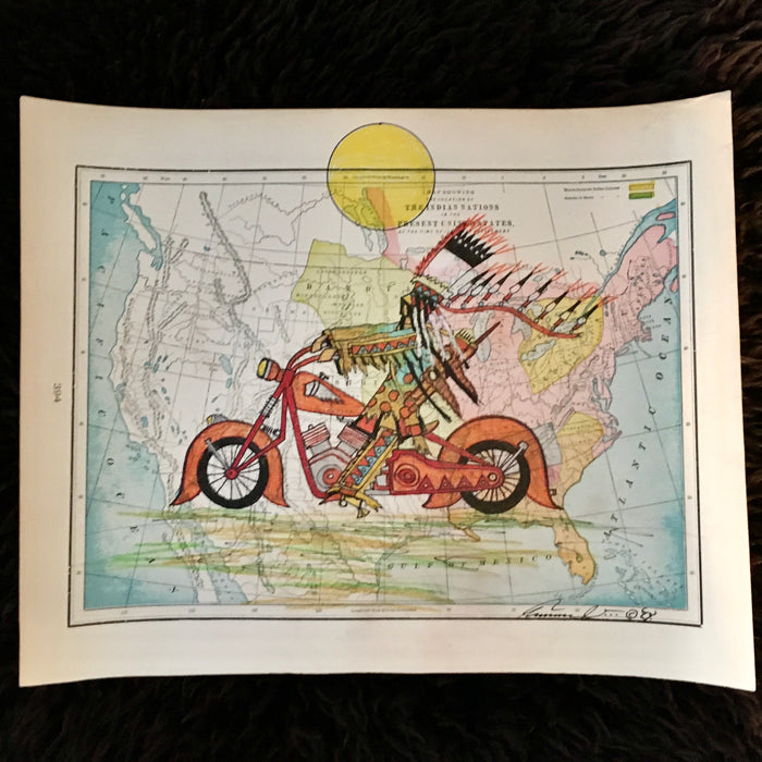 High Plains Rider on an Indian Motorcycle, 1899 Territorial Growth of the United States Map, by Terrance Guardipee, Blackfeet