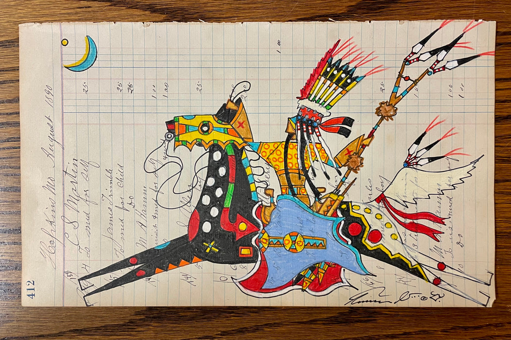 Running Eagle with Coup Stick, Ledger Art, by Terrance Guardipee