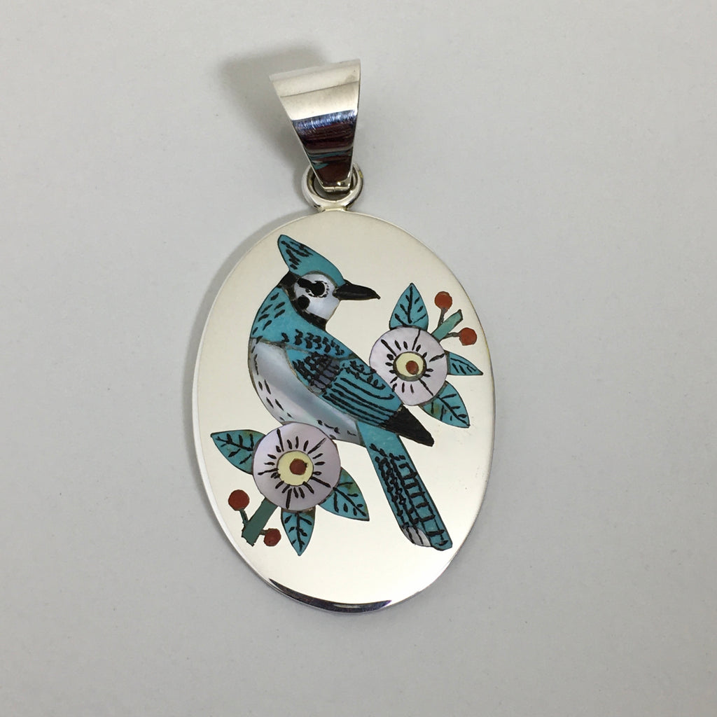 Inlaid Jay Silver Pendant, by Nancy and Ruddell Laconsello– Raven