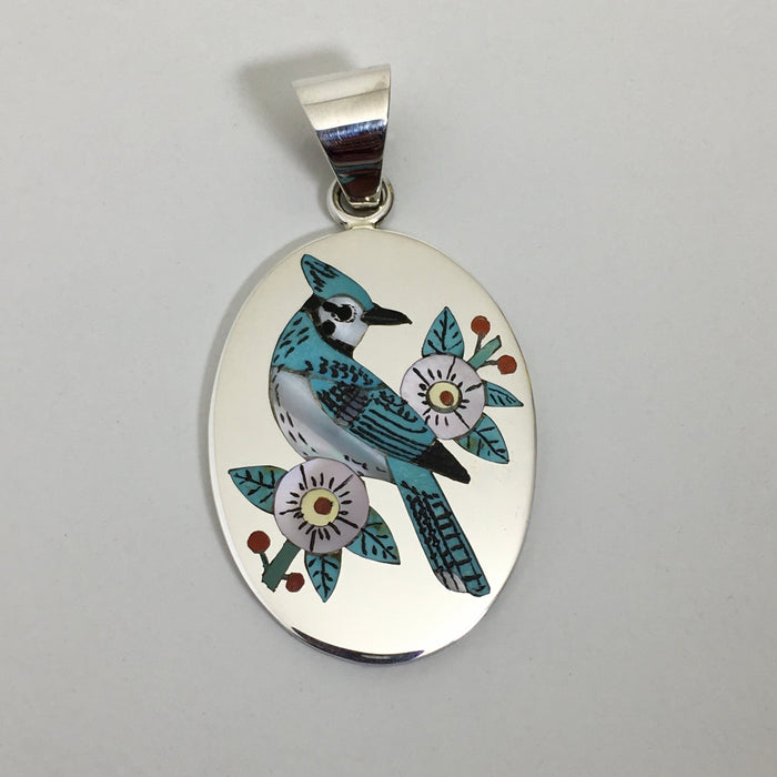 Inlaid Jay Silver Pendant, by Nancy and Ruddell Laconsello