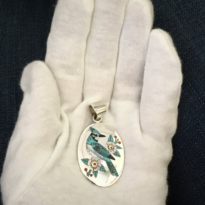 Inlaid Jay Silver Pendant, by Nancy and Ruddell Laconsello