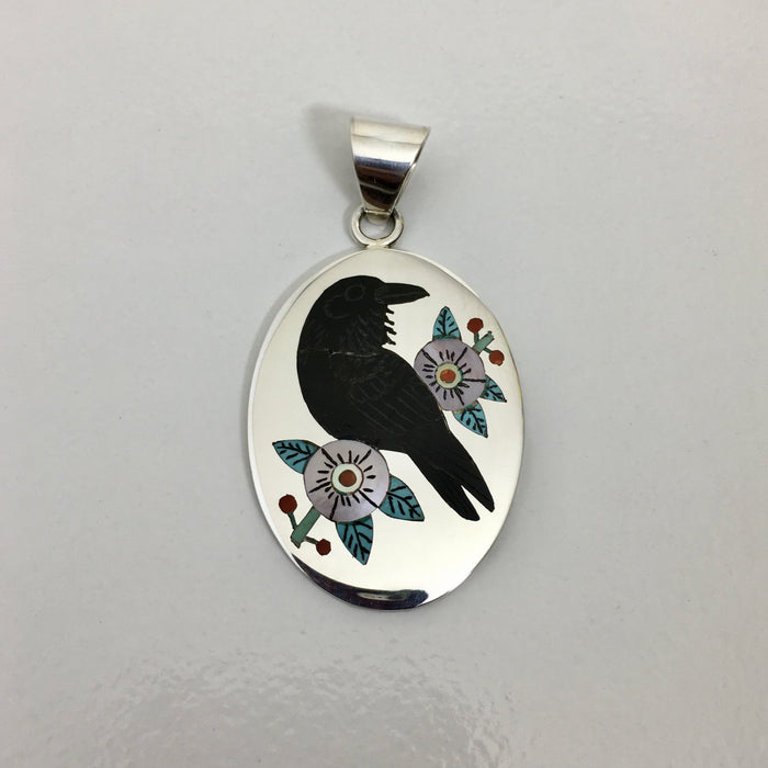 Inlaid Raven Silver Pendant, by Nancy and Ruddell Laconsello