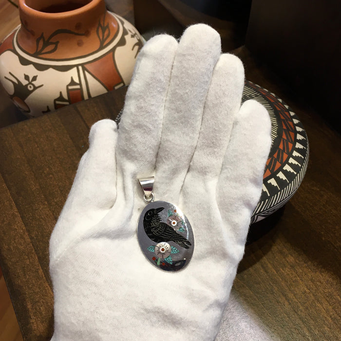 Inlaid Raven Silver Pendant, by Nancy and Ruddell Laconsello