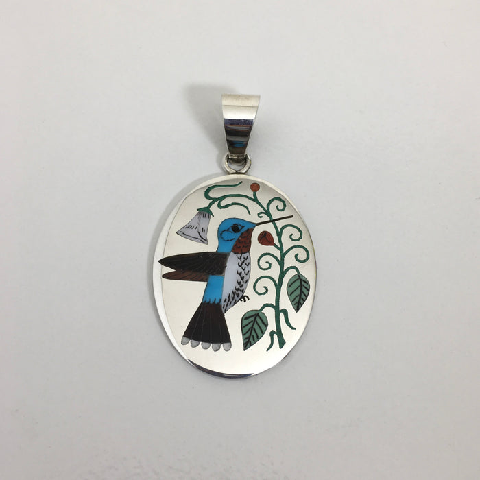 Inlaid Hummingbird Silver Pendant, by Nancy and Ruddell Laconsello