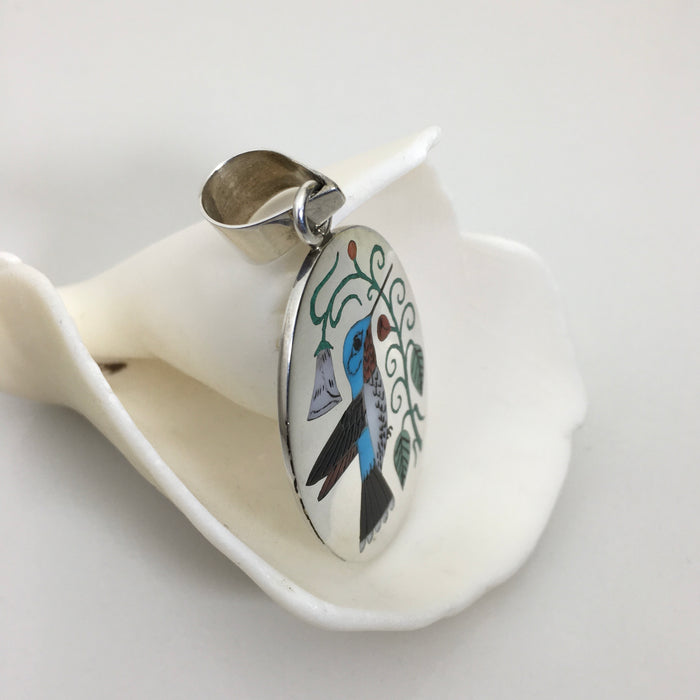 Inlaid Hummingbird Silver Pendant, by Nancy and Ruddell Laconsello