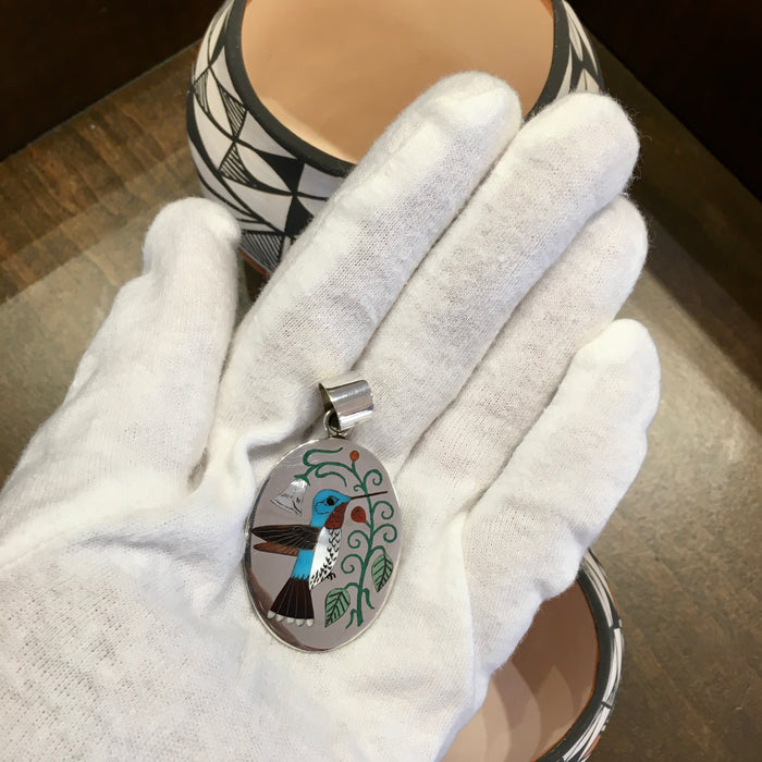 Inlaid Hummingbird Silver Pendant, by Nancy and Ruddell Laconsello