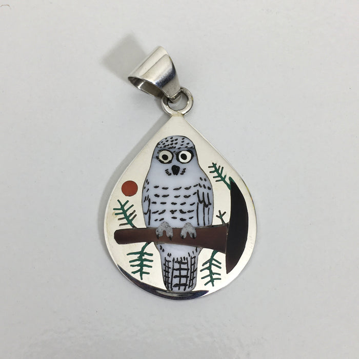 Inlaid Owl Silver Pendant, by Nancy and Ruddell Laconsello