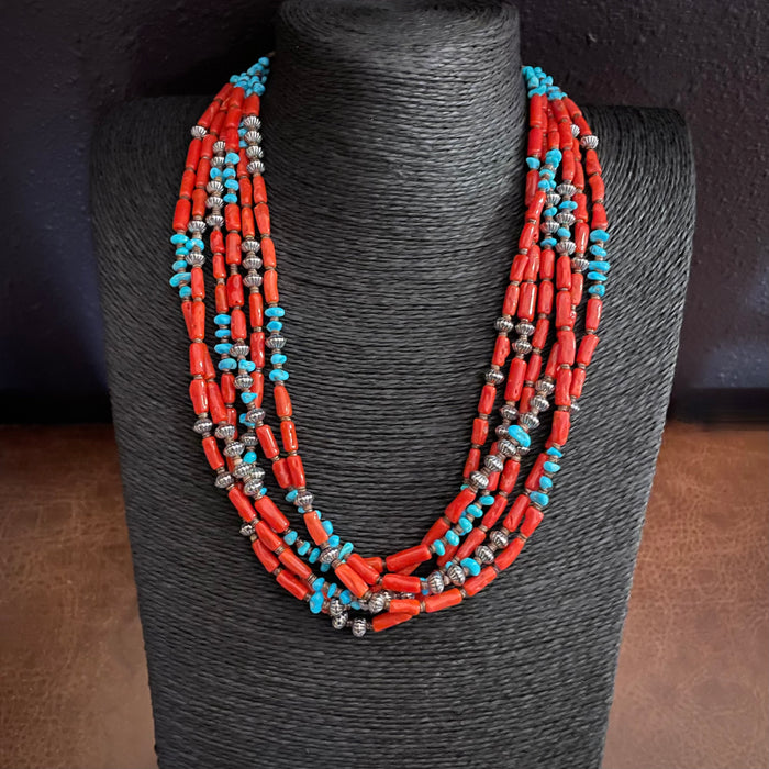 Six Strand Coral and Sleeping Beauty Chips Necklace, by Marie Lee