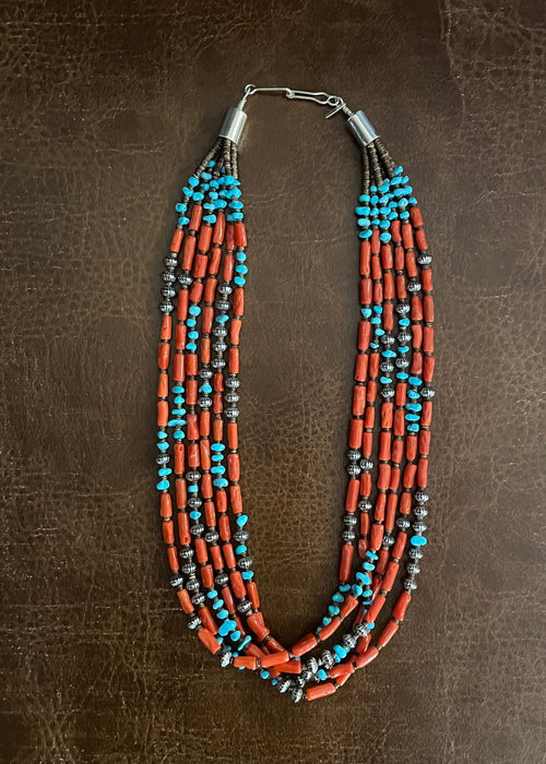 Six Strand Coral and Sleeping Beauty Chips Necklace, by Marie Lee