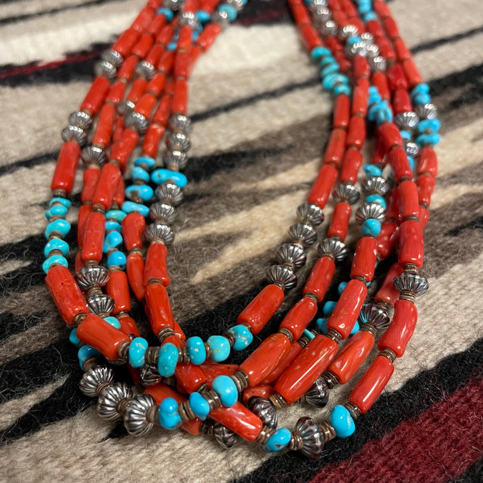 Six Strand Coral and Sleeping Beauty Chips Necklace, by Marie Lee