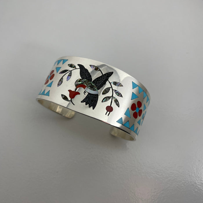 Hummingbird Inlay Zuni Bracelet, by Dennis and Nancy Edaakie