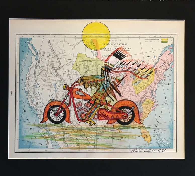 High Plains Rider on an Indian Motorcycle, 1899 Territorial Growth of the United States Map, by Terrance Guardipee, Blackfeet