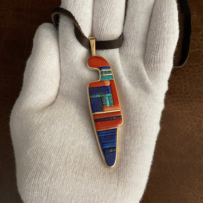 Gold Figural Corn Maiden Pendant with Inlay, by Charles Loloma