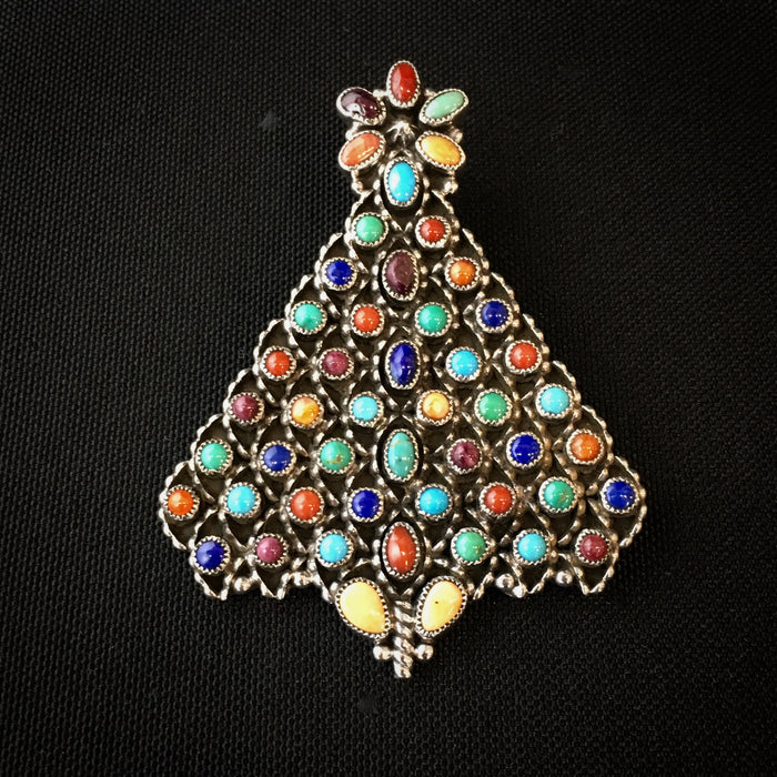 Precious Stones and Sterling Silver Christmas Tree Pin, by Dee Nez