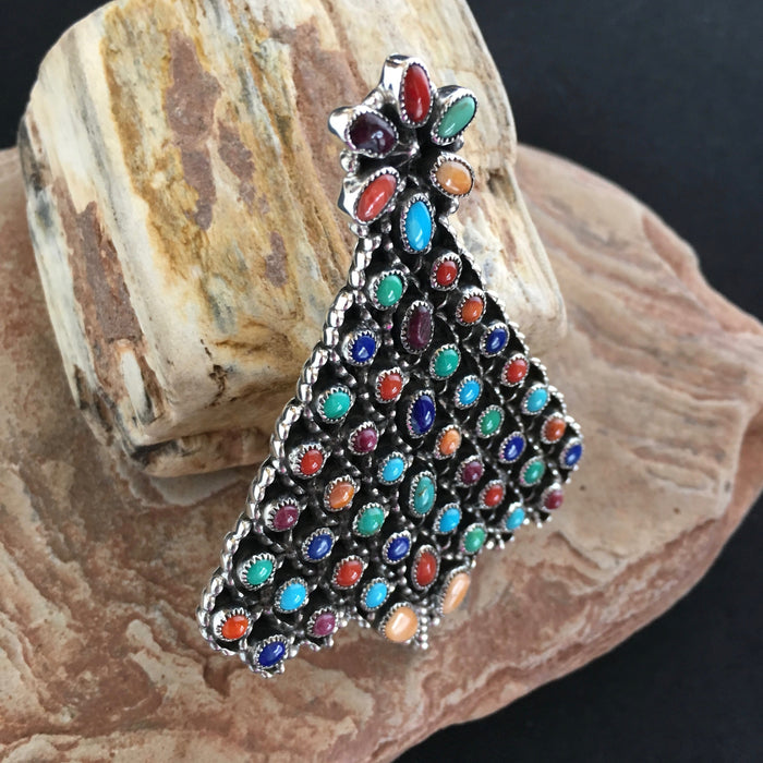 Precious Stones and Sterling Silver Christmas Tree Pin, by Dee Nez