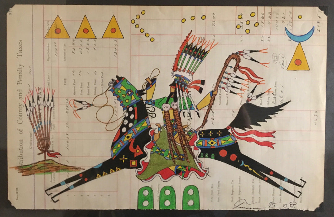 Ledger Art,  by Terrance Guardipee, Blackfeet, at Raven Makes Gallery