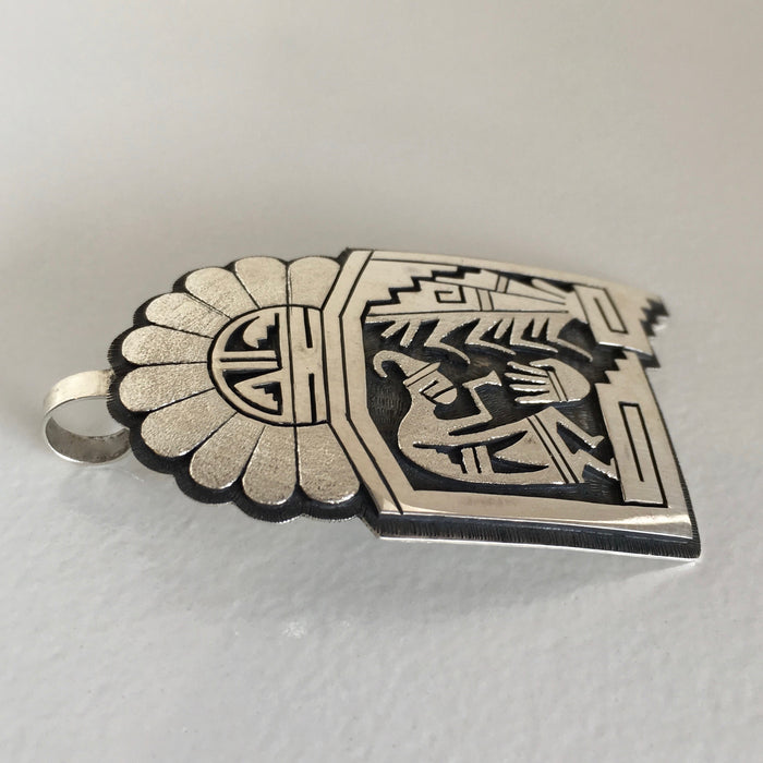 Kokopelli Brings the Spring, Hopi Silver Pendant,  by Berra Tawahongva