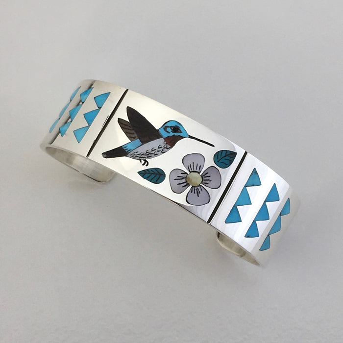 Hummingbird and Flower Inlay Silver Cuff,  by Nancy and Rudell Laconsello