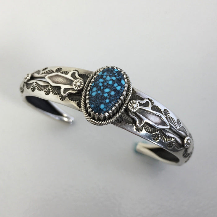 Spiderweb Kingman Turquoise and Silver Slender Cuff Bracelet, by Ivan Howard