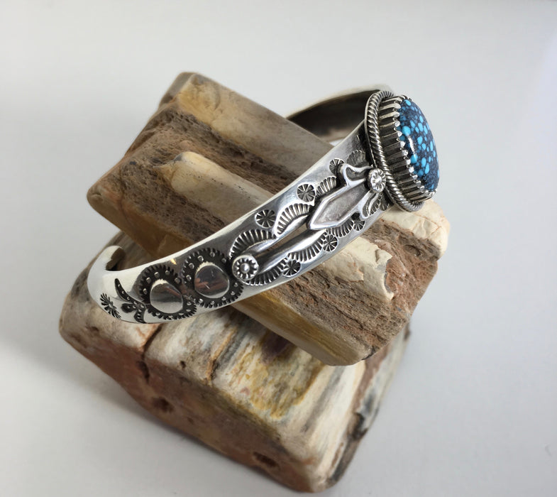 Spiderweb Kingman Turquoise and Silver Slender Cuff Bracelet, by Ivan Howard