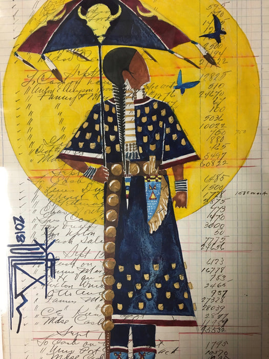 The Blue Bird, Plains Ledger Art, by Joe Pulliam