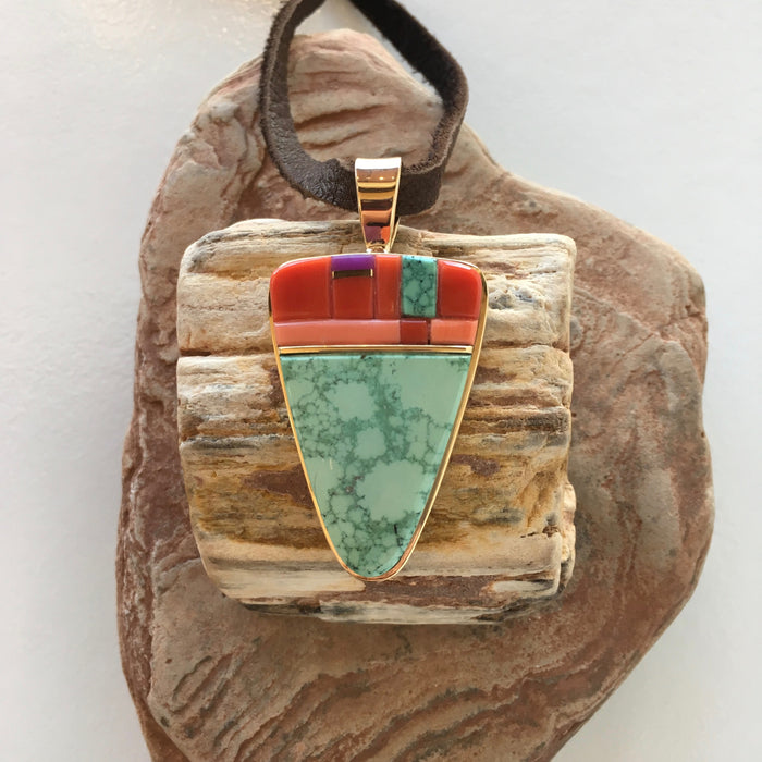 Aqua Green Kingman and Gold Pendant with Inlay, by Sonwai