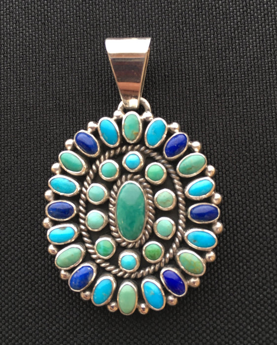 Turquoise Lapis and Varicite Multi-Stone Cluster Oval Pendant, by Dee Nez