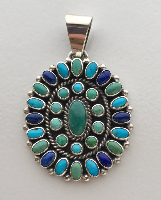 Turquoise Lapis and Varicite Multi-Stone Cluster Oval Pendant, by Dee Nez, turquoise jewelry 