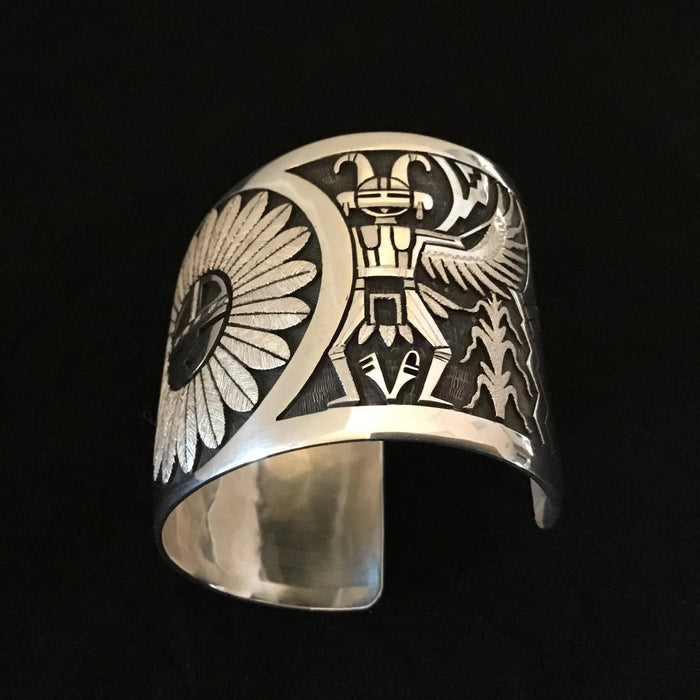 Silver Overlay Hopi Sun Bracelet, by Bennett Kagenveama