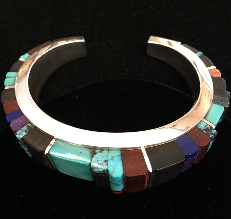 Silver Channel Inlay of Precious Stones and Exotic Woods Bracelet, by Sonwai