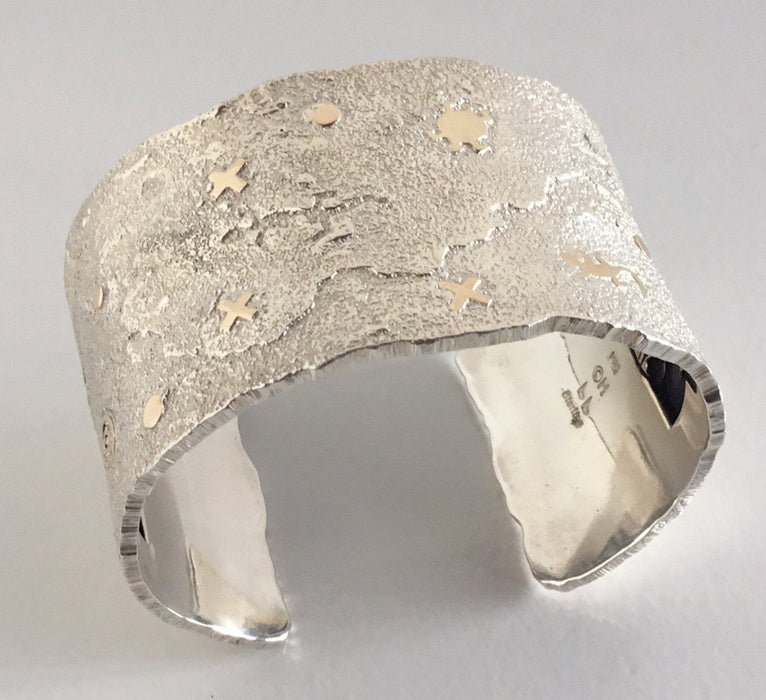 Silver and Gold Petroglyph and Storyteller Cuff Bracelet, by Cody Hunter