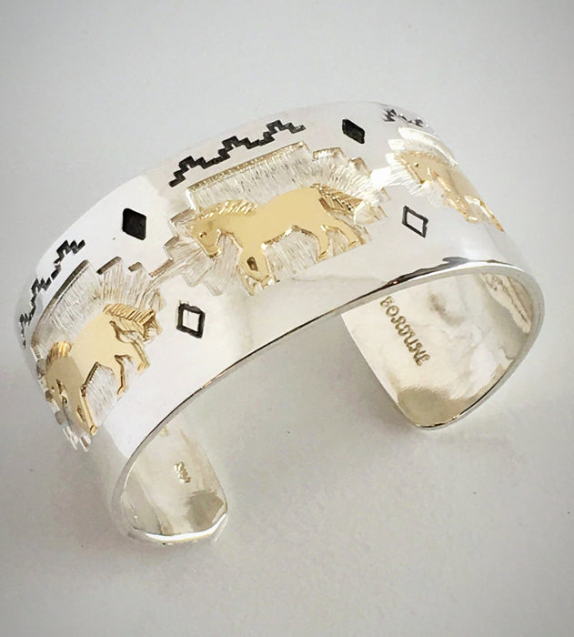 Silver and 14k Gold Horse Cuff Bracelet, by Fortune Huntinghorse, Wichita
