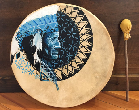 Taos Made, Navajo Painted Deer Hide Drum, by Doug Yazzie