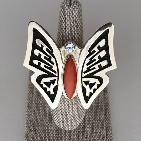 Butterfly Silver, Lab-created White Sapphire and Coral Ring, by Philbert Begay