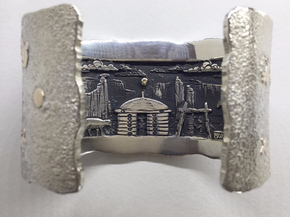 Silver and Gold Petroglyph and Storyteller Cuff Bracelet, by Cody Hunter