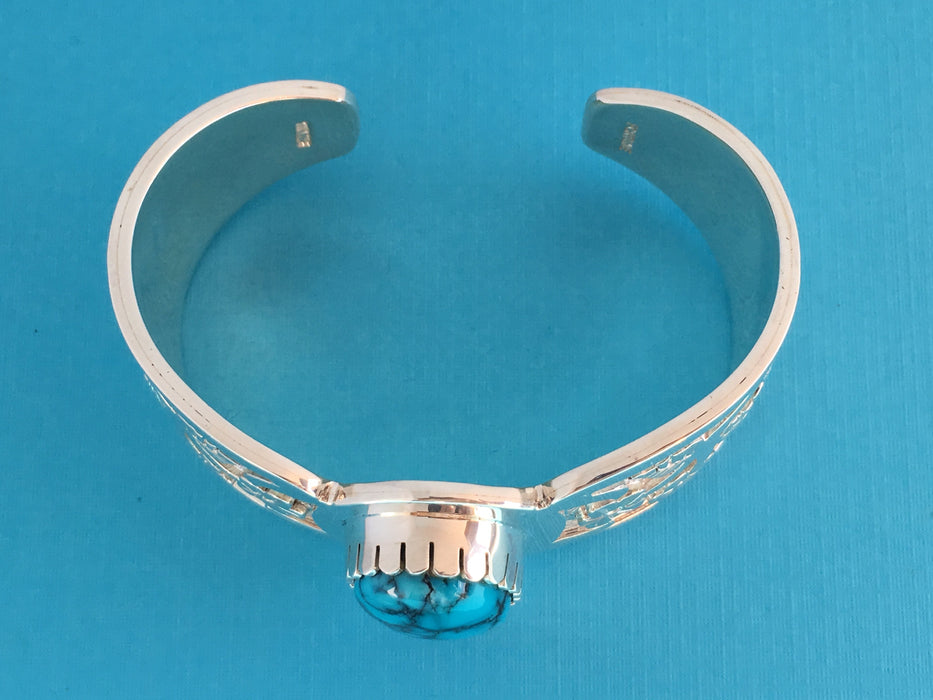 Silver and Black Web Kingman Turquoise Bracelet, by Fortune Huntinghorse