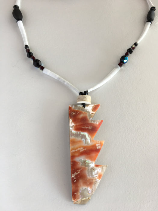 Basket Design Black Pine Nut and Red Abalone Necklace, by Leah Mata