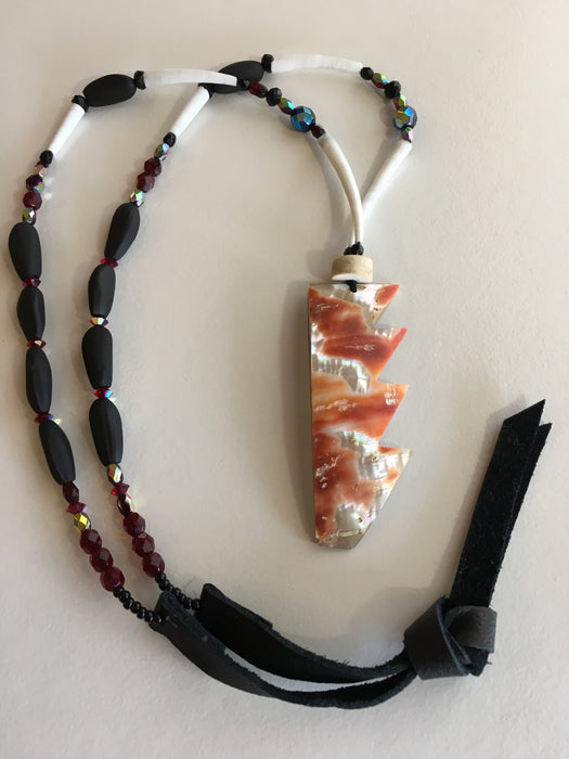 Basket Design Black Pine Nut and Red Abalone Necklace, by Leah Mata