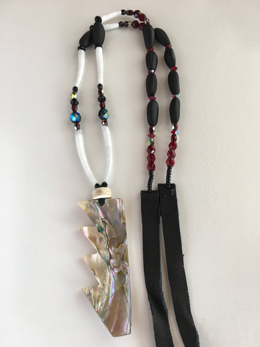 Basket Design Black Pine Nut and Red Abalone Necklace, by Leah Mata