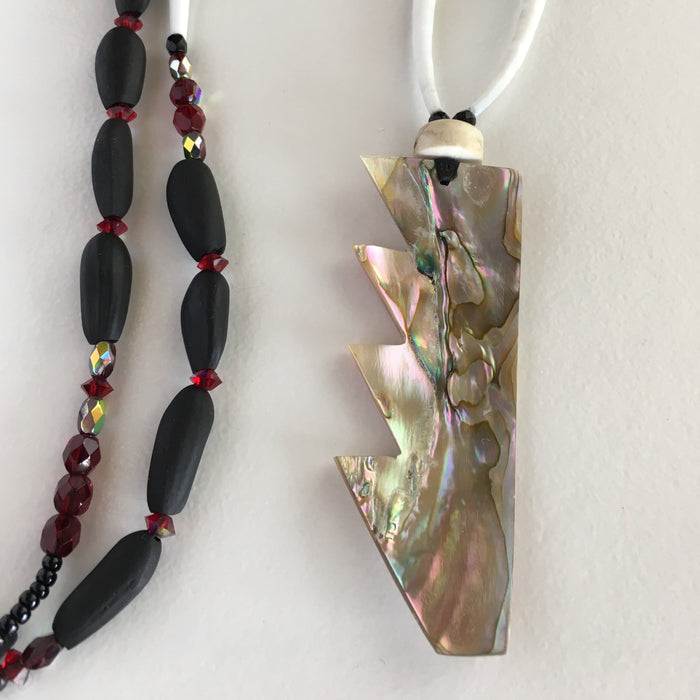 Basket Design Black Pine Nut and Red Abalone Necklace, by Leah Mata